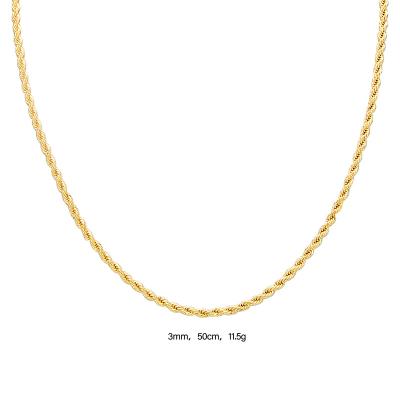 China Men's Hemp 2MM Copper Twist Necklace Hiphop Elfic 3MM Thick Gold Plated Hip Hop 14k Gold Plated Rope Necklace Chain for sale