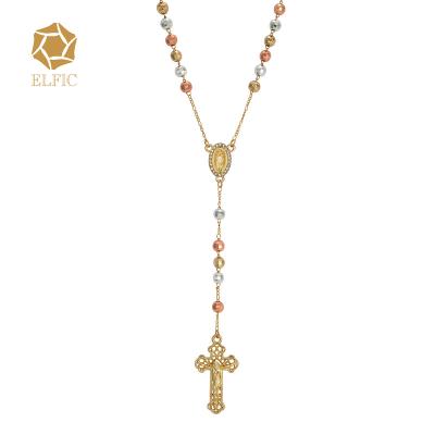 China Religious Elfic Gold Plated Three Color Necklace Zircon Virgin Mary Necklace Rosary Necklace for sale