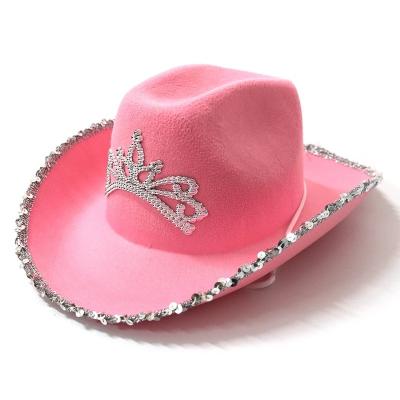 China Picture Party Hat Pink Costume Cowboy Hat with Tiara Hat with White Glitter Sequin Brim Chinstrap for Adults and Kids for sale