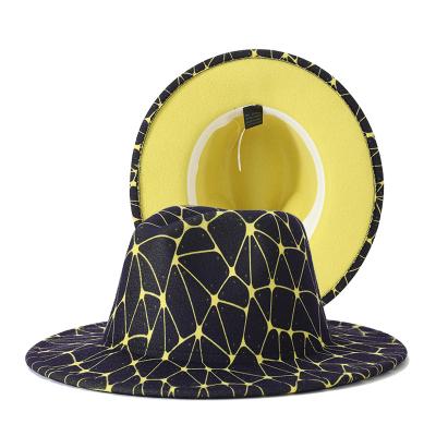 China New Image Designer Two Tone Color Black/Yellow Hats For Women Custom Unisex Wool Felt Wide Brim Panama Jazz Fedora Hot Selling Hats for sale