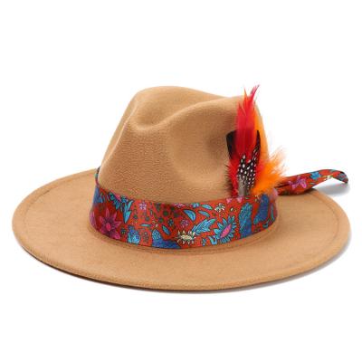 China 2022 Plush Women Polyester/Cotton Medium Brim Felt Hat Wholesale Custom Felted Hat Sombreros Panama Hat Wool Felt Felted Hat With Silk Scarf A for sale