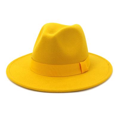 China Plush Hat branded multiple color wool felt fedorahats wide brim band customize classic solid color women style fedora hats with band for sale