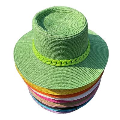 China Super Image HOJEE Quality in Stock Straw Hat Custom Logo and Colors Straw Sun Hat Luxury with Acrylic Chain for sale