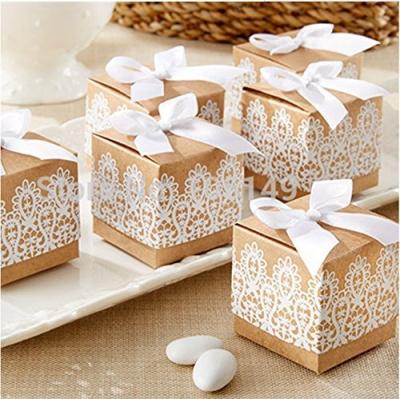 China BIODEGRADABLE Rustic Candy Boxes Gift Bags Wedding Favor Candy Box With Bow Lace Ribbon for sale