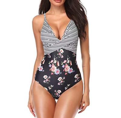 China Plus Size Ladies Summer High Quality Floral Print Stripes Fashionable One Piece Swimwear for sale