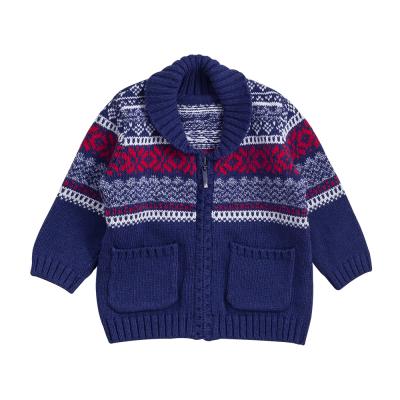 China Blue Winter 100% Cotton Jacquard Snowflake Christmas Lapel Sweater Anti-Shrink For Kids for sale