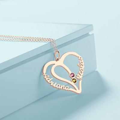 China Custom Tone Name Necklace Double Letter Heart Two Letter Necklace Jewelry Birthstone Initial Colorful Stone Necklace for sale