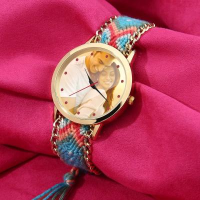 China Custom Photo Water Resistant Women's Watches Braided Strap Colorful Brand Rope Fashion Ladies Luxury Wrist Watch for sale