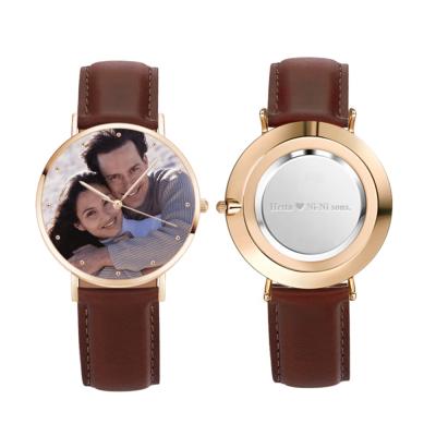 China Water Resistant 40mm Rose Goldtone Jewelery Leather Strap Colored Photo Mens Engraved Dial Red Dial Watch Custom Logo Watch for sale