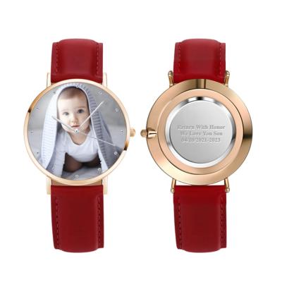 China Rose Goldtone Photo Watch 40mm Logo Black Leather Strap Photo Couples Unisex Engraved Custom Watches Water Resistant for sale