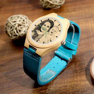 China ODM Fancy Custom Photo 38mm Ladies Watches Luxury Blue Leather Strap Women's Photo Engraved Wood Watch Brands for sale