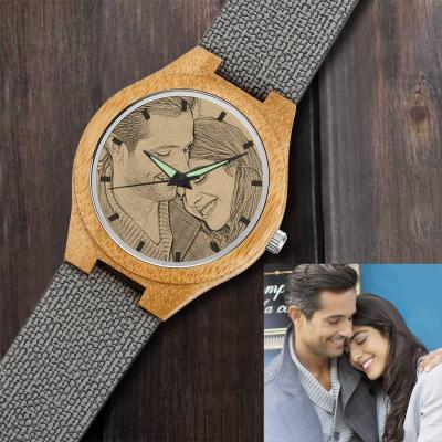 China Custom Wholesale Photo 45mm Wooden Strap Watch Bamboo Watches Luxury Leather Custom Logo Mens Wrist Watch for sale