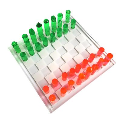 China Gift Idea Custom Lucite 300x300 Borad Deluxe Foldable Clear Chess Set with Colored Chess Pieces Travel Acrylic Backgammon Game Set for sale