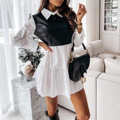 China 2021 Summer Patchwork Leather Mini Dress White 9318 Long Sleeve Tunic Faux Loose Cute Casual Anti-Static Lady A Line Office Dress for sale