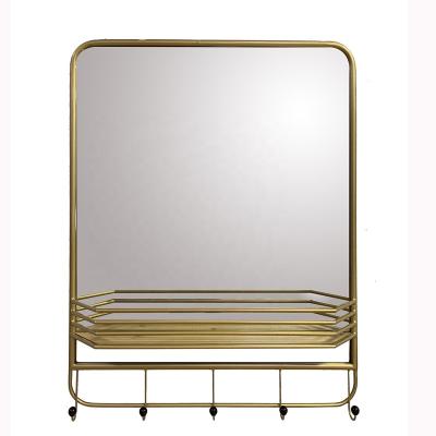 China Minimalist 5 Hooks Tall Gold Rectangle With Shelf Storage Hallyway Modern Mirror Dressing Design for sale