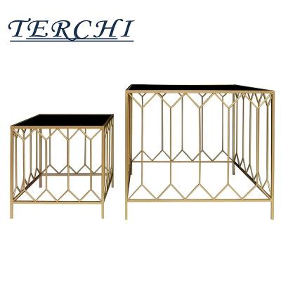 China Modern Convertible Gold Metal Base Black Glass Top Square Shape Coffee Table Center Table For Living Room for sale