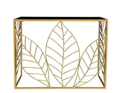 China Large Leaf Design Morden Middle East Gold Foldable Iron With Black Glass Entryway Sofa Table Console Cocktail Table for sale