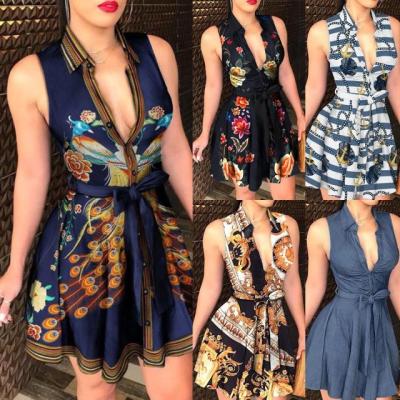 China Worldealshop 2022 Worldealshop Anti-Static Women's Fashion Dress Digital Printed V-Neck Sleeveless Pleated Belted Mini Skirt Dress Casual Dresses for sale