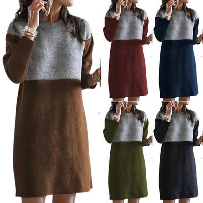 China Worldealshop OEM Women Winter Viable Sweater Dresses Solid Color Splicing Round Neck Long Sleeve Plus Size Casual Dress for sale