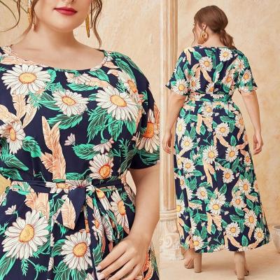 China Worldealshop viable 2022 extra summer women plus size dresses short O neck sleeve fashion chiffon printed plus size dresses for sale