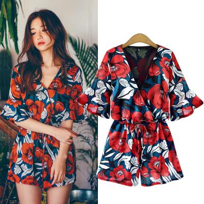 China Worldealshop OEM Women Anti-Pilling Empire Waist V-Neckline Oversized Chiffon Printed One Piece Short Ladies Plus Size Overalls for sale