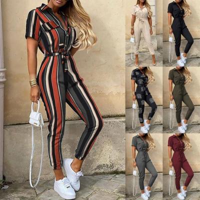 China Worldealshop OEM Women Anti-pilling Pants Turn Down Collar Button Waistband Plus Size Overalls Stripes Printed Casual Stylish Overalls for sale