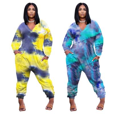 China Worldealshop custom 2022 autumn new fashion women's large size jumpsuit casual v-neck tie dye anti-pilling Worldealshop for sale