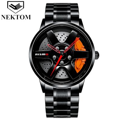 China Wholesale custom watch 3a day/date NEKTOM quality round car rim watch Japan movement alloy black case logo watch for sale