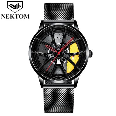 China NEKTOM day/date rim watch men wrist quartz movement logo car wheel high quality waterproof wholesale custom watch for sale