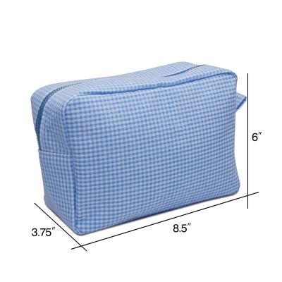 China Cotton Baby Blue Gingham Monogram Cotton Seersucker Cosmetic Case Bags Cotton Seersucker Travel Makeup Bags DMA71858 for sale