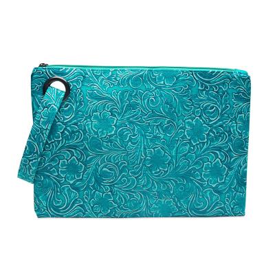 China Turquoise NATIONAL Floral Tooled Clutch Wristlet Makeup Clutch Bag With Zipper Closure DMA71870 for sale