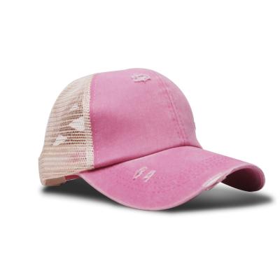 China New Curved Pink Pony Tail Hat Baseball Sports Hat Cross Mesh Worn Out Washed Elastic Brim For Women DMA81618 for sale