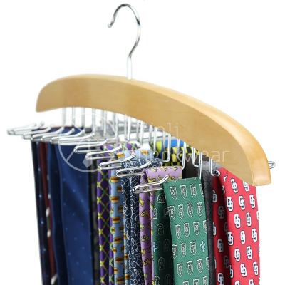 China Wholesale Eco-friendly Material Lotus Wood 360 Degree Rotating 24 Tie Hanger Holder Necktie Hanger Men's Wardrobe Organizer for sale