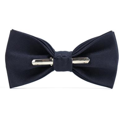 China 100% Fashion Handmade Wholesale Easy Wearing Pre Tied Bowtie Navy Blue Polyester Solid Color Clip On Bow Tie For Men for sale