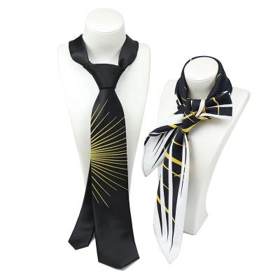 China 100% Handmade Designer Custom Symmetrical Sunlight Black Polyester Cheap Men's Tie Print Pattern Unique Women's Scarves Sets for sale