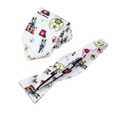 China 100% Custom Factory Price Polyester Cartoon Shriner Handmade White Masonic Tie Logo Pattern Digital Printed Bow Ties Set For Men for sale