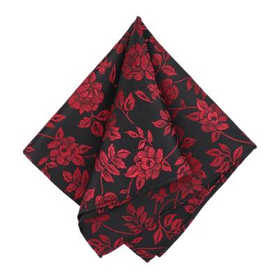 China 100% Factory Handmade Custom Fashion Mens Handkerchief Red Floral Woven Rose Polyester Pocket Square for sale