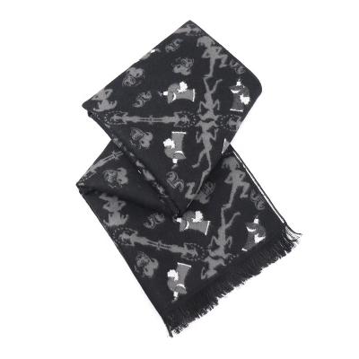 China Custom Soft Touch Feeling Emperor and Clown Pattern Woven Men Scarves Winter Black Jacquard Polyester Squishy Scarf for sale