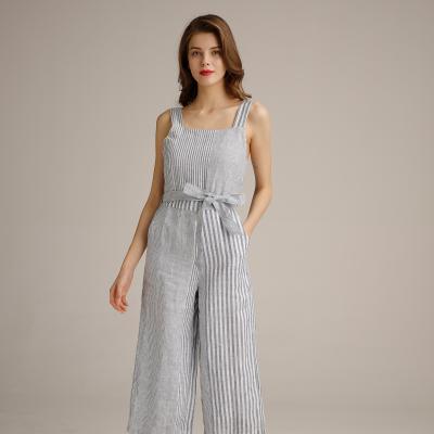 中国 Irregular Blue Pattern Striped Women Jumpsuit With Self Fabric Belt 販売のため