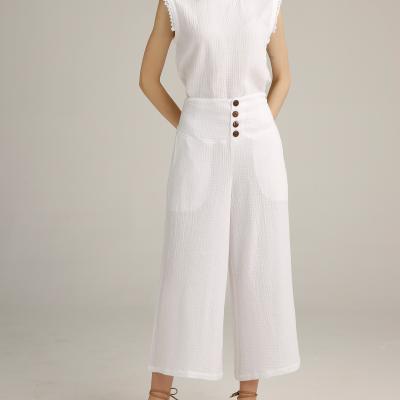 China Dame arbeiten capri Hosen in den Geweben 100%cotton, Cocoknöpfe auf vorderer Taille und breite Beine um. zu verkaufen