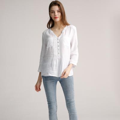 China Front Womens Casual Linen Shirts plissado 3/4 de luva Lily White Pullover Blouse à venda