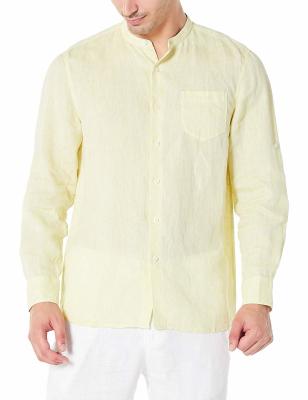 China O botão amarelo da mola do Chambray do ganso acima do fio das camisas tingiu a camisa de linho do colar da faixa dos homens à venda