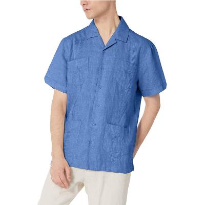 China Cuban Guayabera Mens Casual Short Sleeve Shirts 100% Linen With 4 Pockets for sale