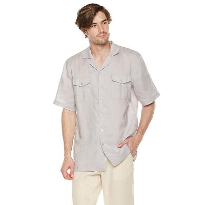 China Guayabera-Männer des Falten-Spitze-kurzen Ärmels das lager-Kragen-Hemd Leinenmit 2 Taschen zu verkaufen