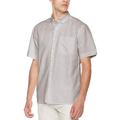 Cina Bottone di Tab Cuff Loose Linen Cotton giù Grey Short Sleeve Shirt degli uomini della camicia in vendita