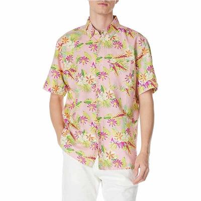 China Floral Print Mens Casual Short Sleeve Shirts Button Down 52% Linen 48% Cotton Blend for sale