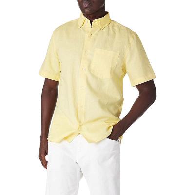 China Linen Cotton Mens Breathable Button Up Shirts Light Yellow Short Sleeve Shirt for sale