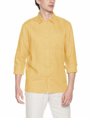 China Do peso leve amarelo da camisa de linho da planície dos homens camisas longas colocadas um colar da luva para o verão à venda