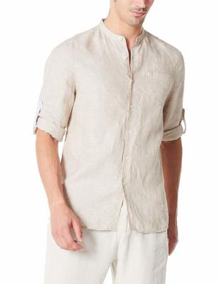 China Woven Mens Slim Linen Band Collar Shirt Long Sleeve With Buttoned Cuffs for sale