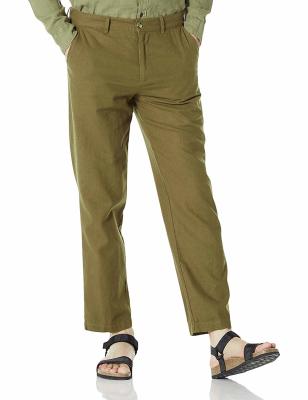 China Slim Fit Cropped Mid Waist Mens Casual Linen Pants Size 32 34 36 Olive Green for sale